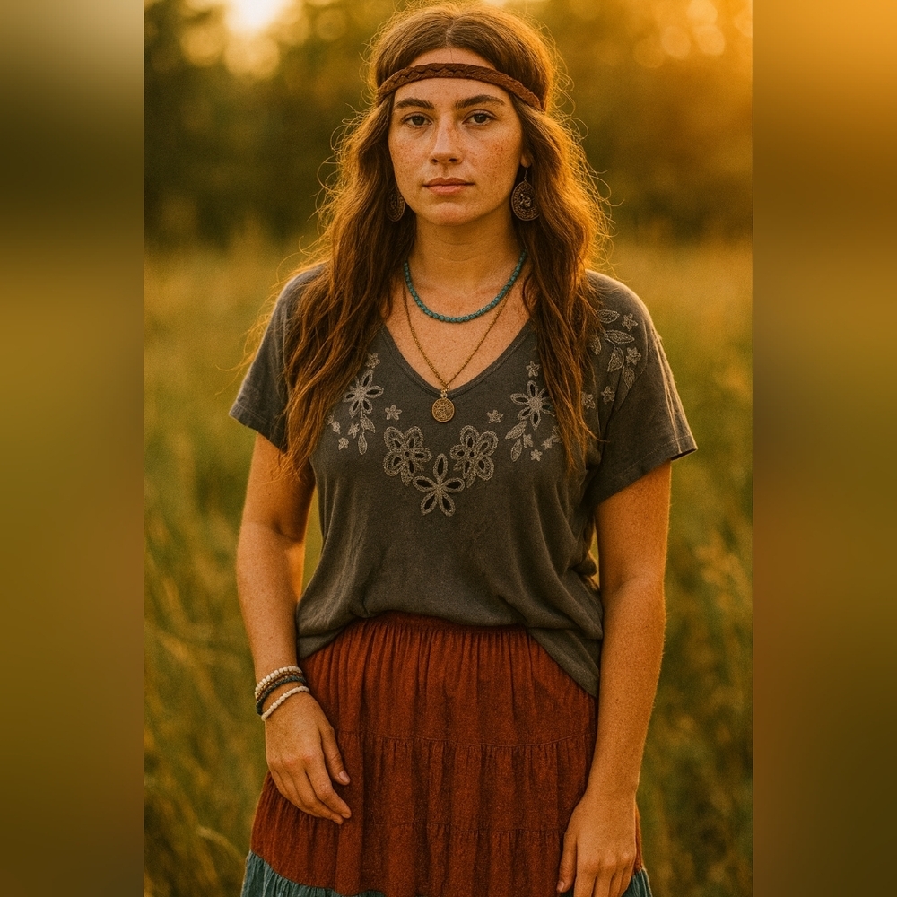 Medium American Eagle Soft & Sexy Embroidery V-Neck Tee Boho Festival Casual